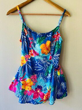 Sz 14 Vintage One Piece Swim Dress Flared skirt bikini bottom pull on style